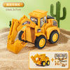 Un modèle de camion die-cast jaune avec une grue, exposé sur du sable à côté de petites pièces d'accessoires.