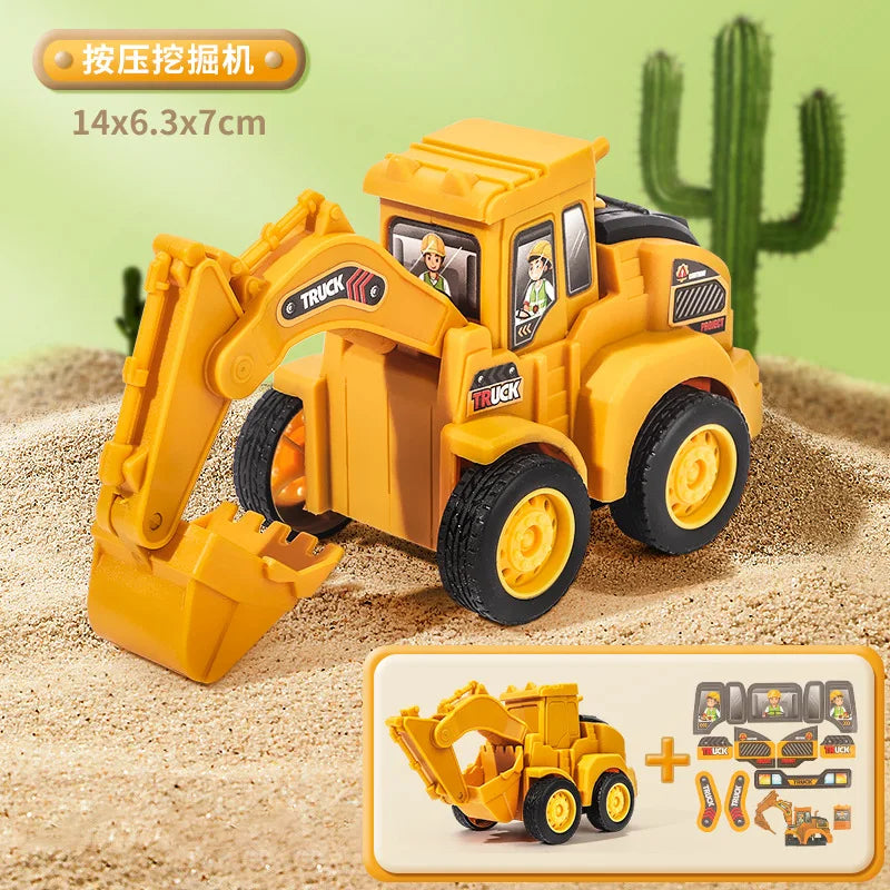Un modèle de camion die-cast jaune avec une grue, exposé sur du sable à côté de petites pièces d'accessoires.