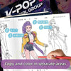 Line art coloring pages of three anime girls in various poses for a coloring book