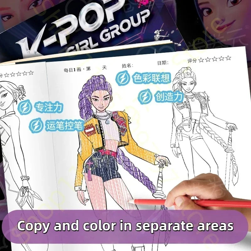 Line art coloring pages of three anime girls in various poses for a coloring book