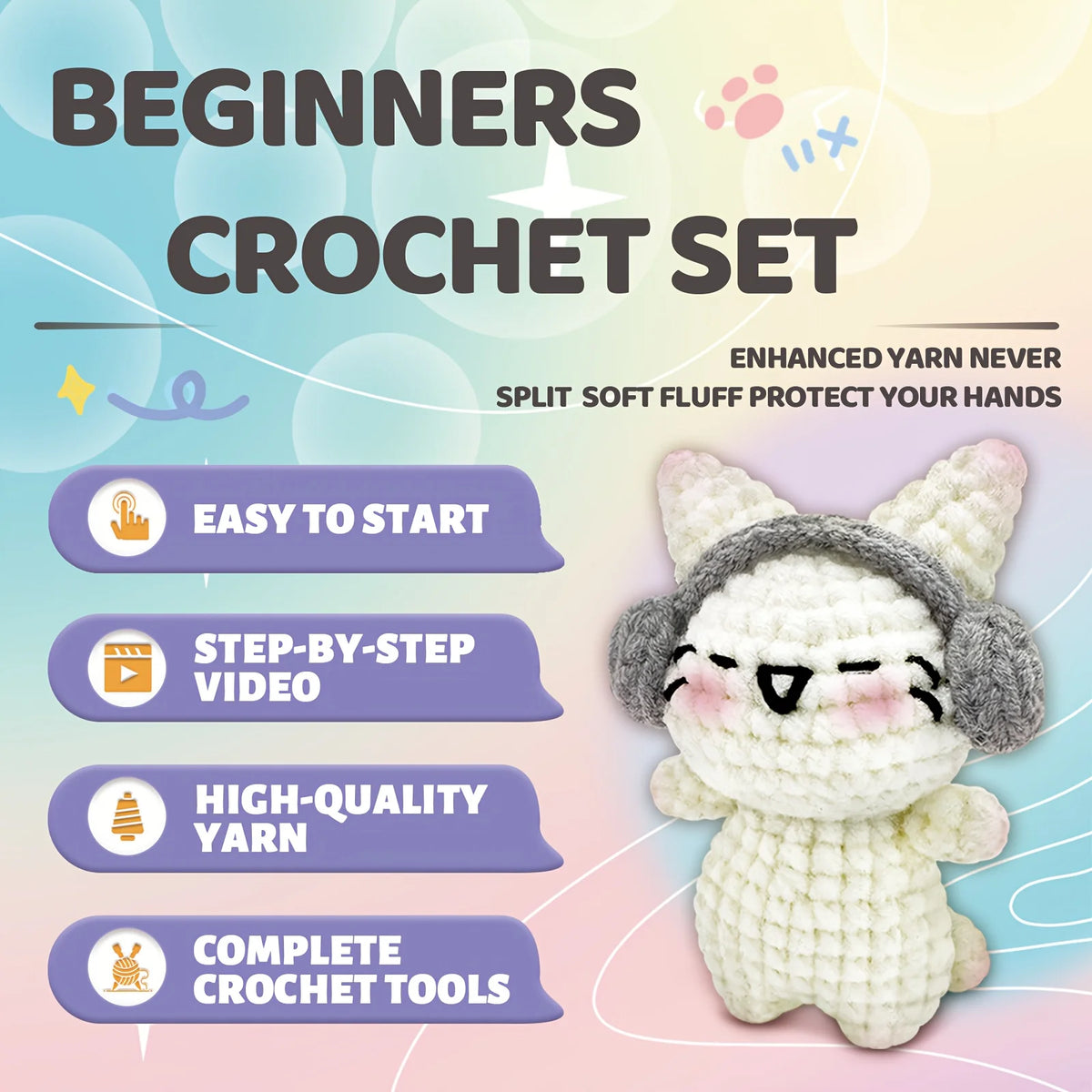 A beginner crochet set featuring tools and yarn, with a cute white kitten-shaped finished crochet toy.