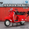 A red 1976 Vespa 200 rally die-cast model shown in a studio setting.
