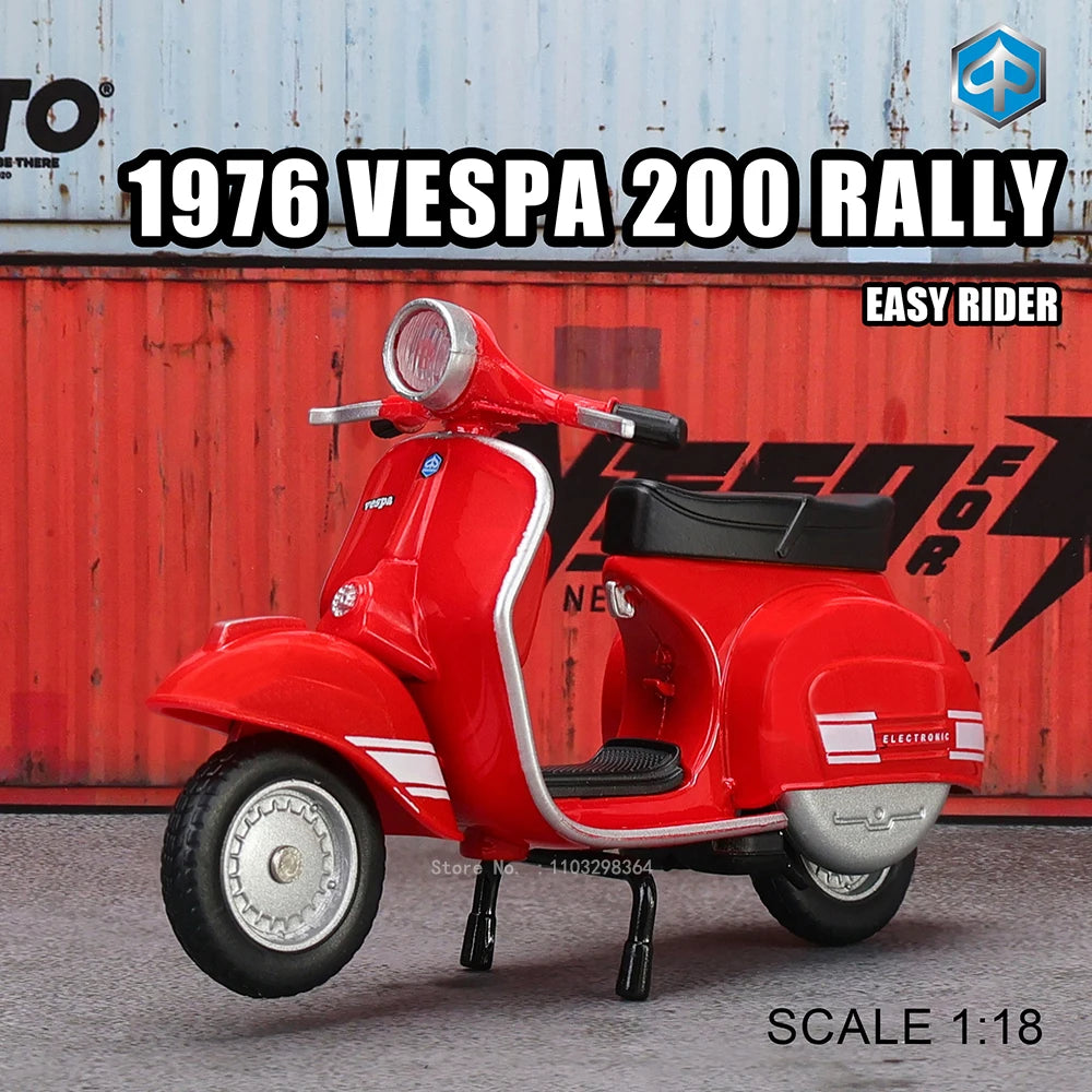 A red 1976 Vespa 200 rally die-cast model shown in a studio setting.