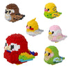 A collection of colorful parrot micro building blocks featuring various bird designs in yellow, pink, and brown.