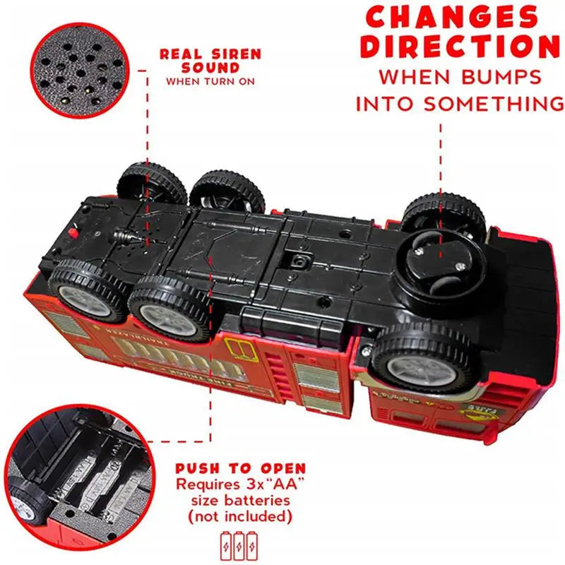 A black electric fire truck toy featuring lights and siren sounds, shown with an inset showing battery insertion.