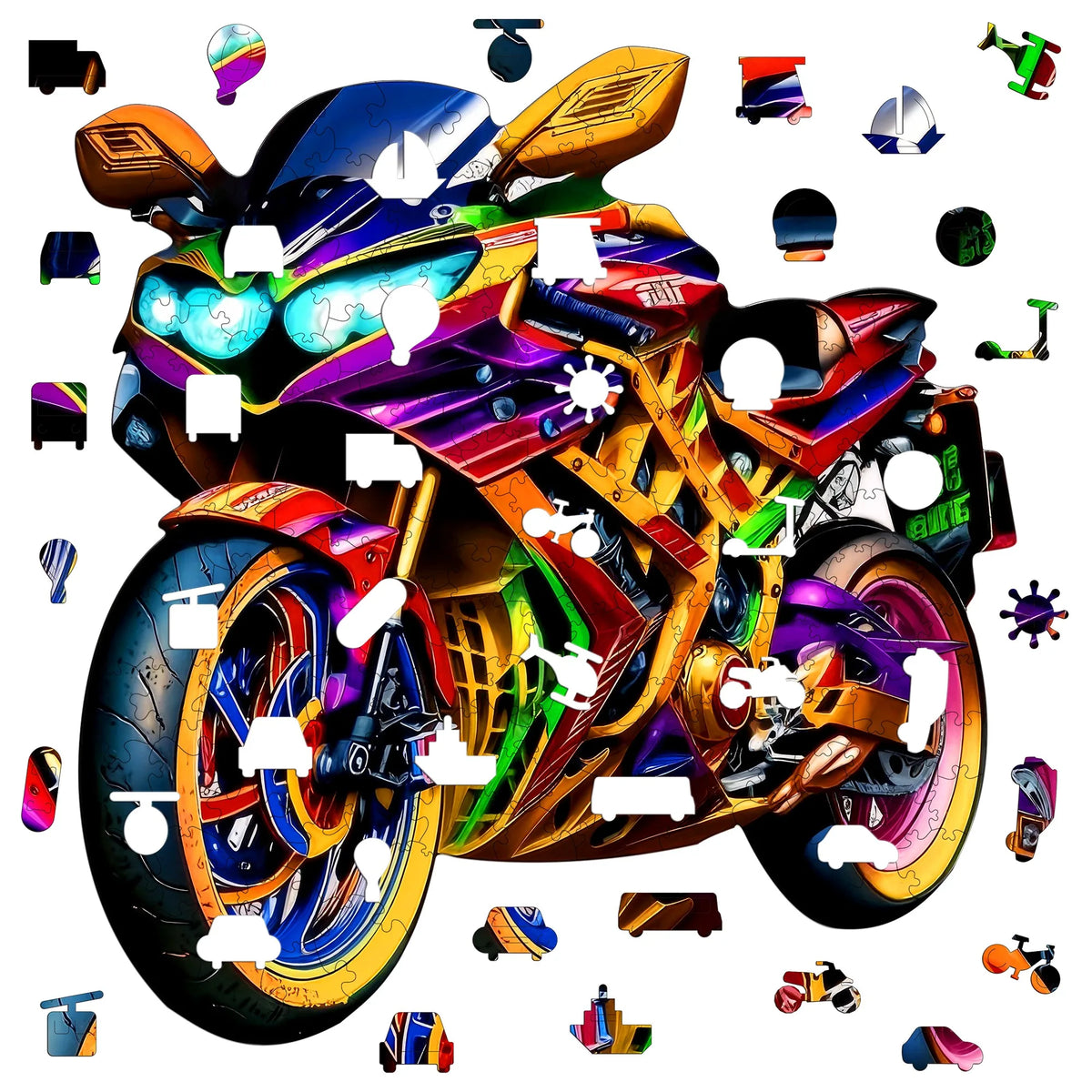 A detailed illustration of an orange and black motorcycle, the Elephant Home Wooden Jigsaw Puzzle for Kids.