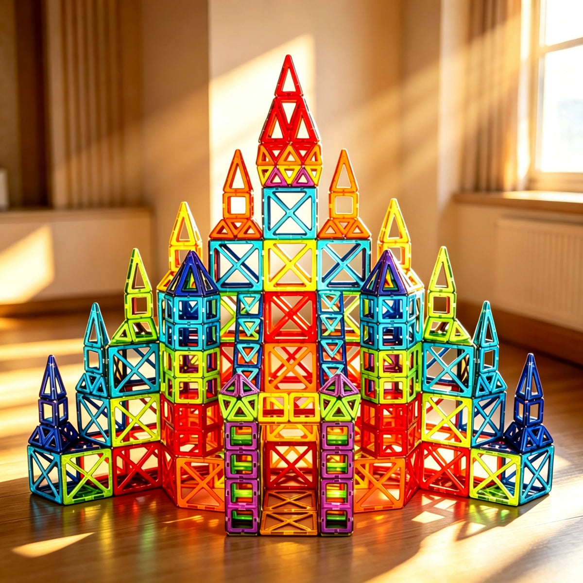 A colorful tower built from magnetic building tiles in various geometric shapes and colors.