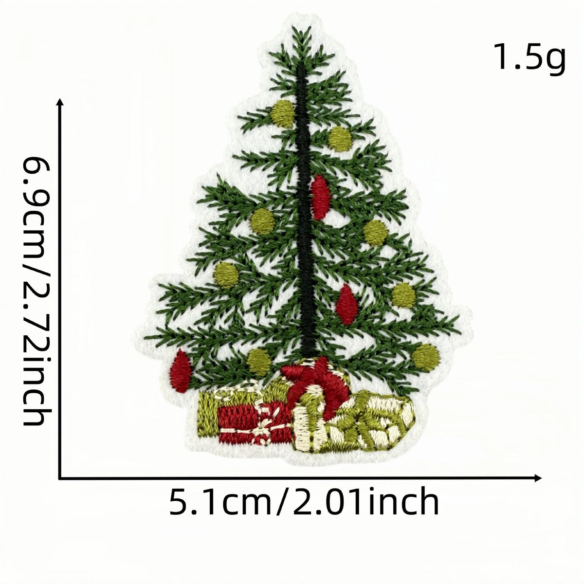 A green Christmas tree patch featuring red berries and gold ornaments, measuring 6.9cm by 5.1cm.