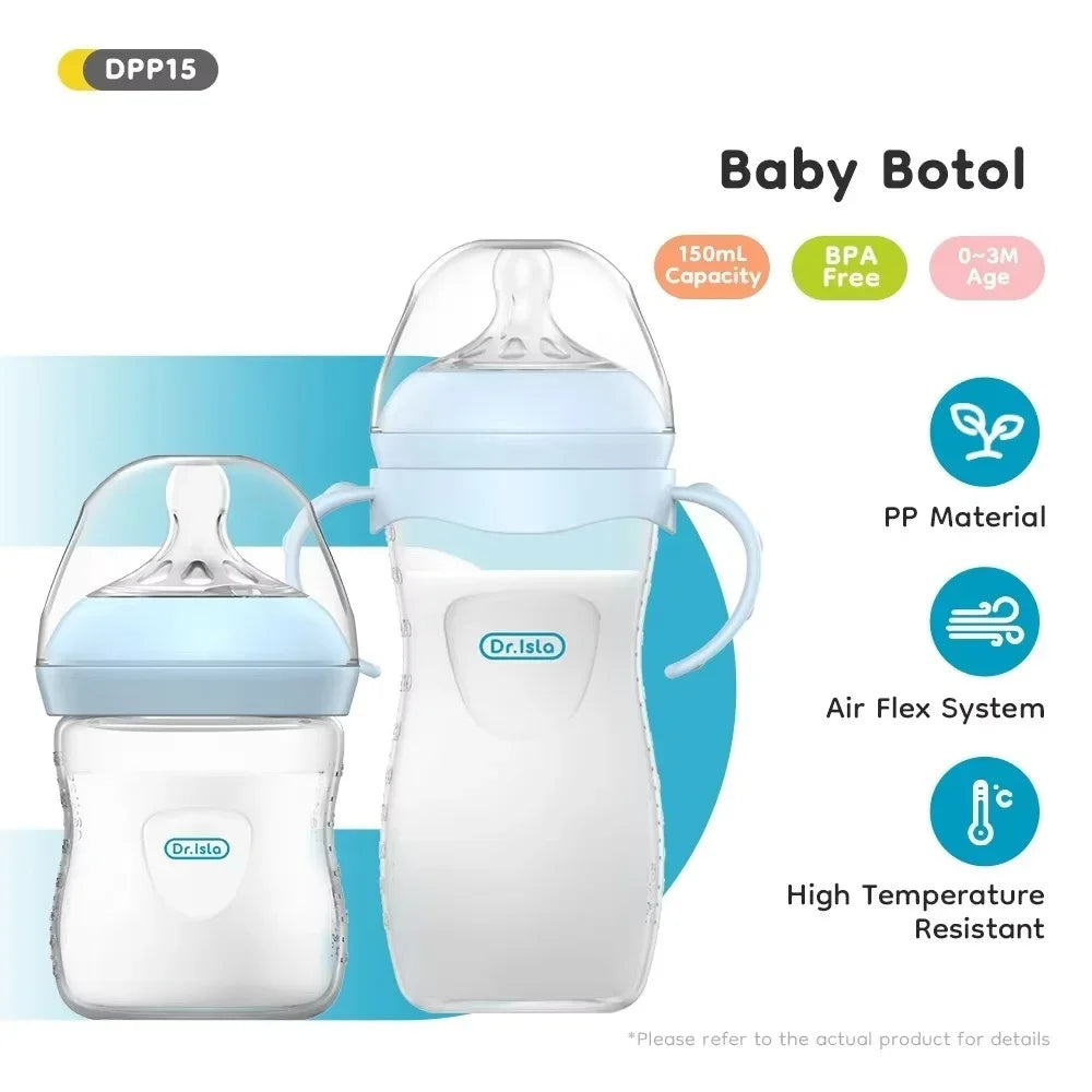 Clear baby bottle with a silicone nipple and handle, shown next to a white bottle body.