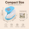 A light blue and white decorative square stamp edge paper punch tool shown with dimensions and features.