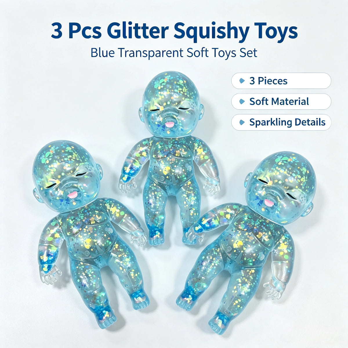 A set of three blue transparent squishy toys shaped like babies with sparkling glitter details