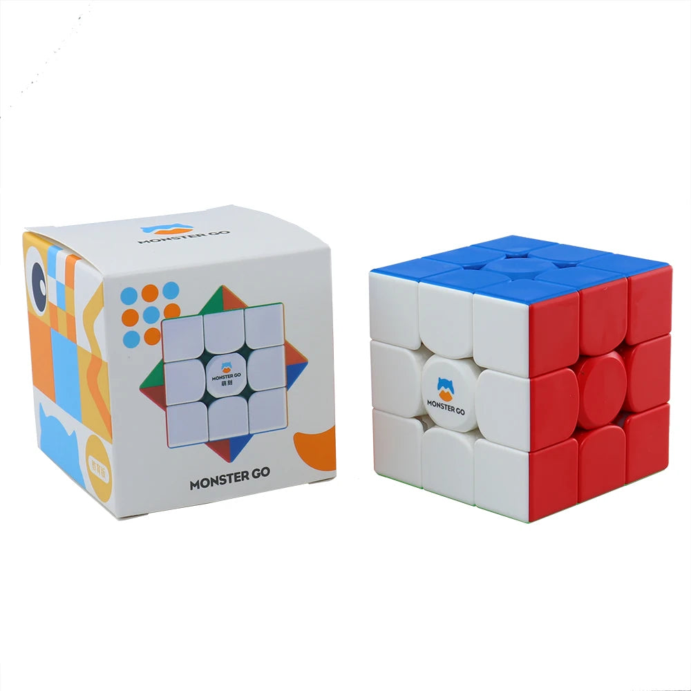 A box and a fully assembled cube of the Monster Go magnetic speed puzzle in white and red colors.