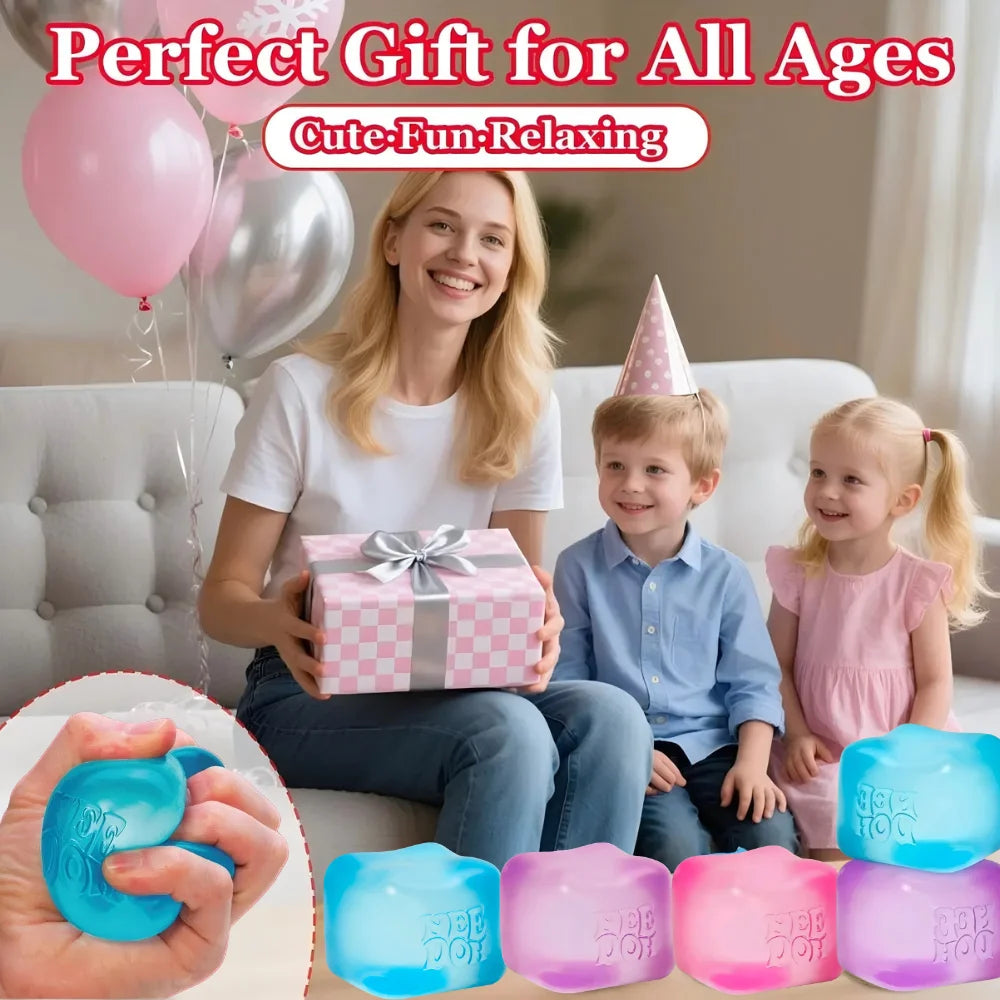 A young woman holds a gift box and children are shown with colorful squishy sensory fidget toys.