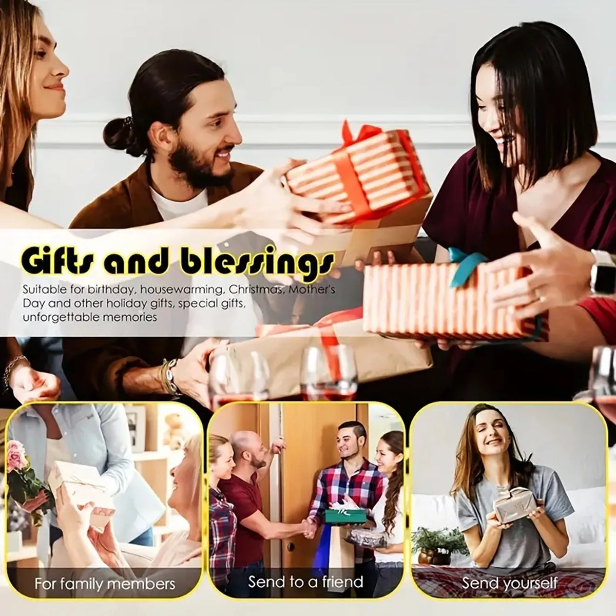 A group of people gifting and receiving diamond painting coasters in various colorful boxes.