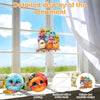 Detailed display of an ornament featuring colorful animal shapes like birds and flowers on a wooden hanger