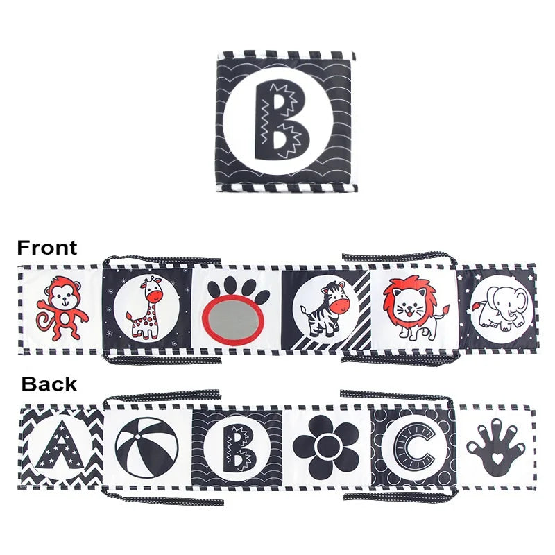 A set of fabric books featuring the letter B and the alphabet A through C with crinkle pages