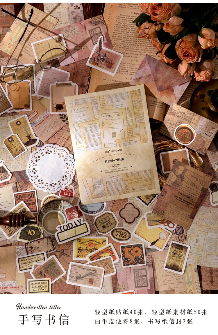 A collection of vintage paper and stickers used for crafting, featuring handwritten letters and aged textures.