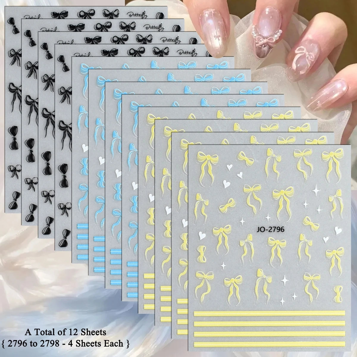 3D Bow Nail Stickers with Ribbon, Heart & Stripe Designs