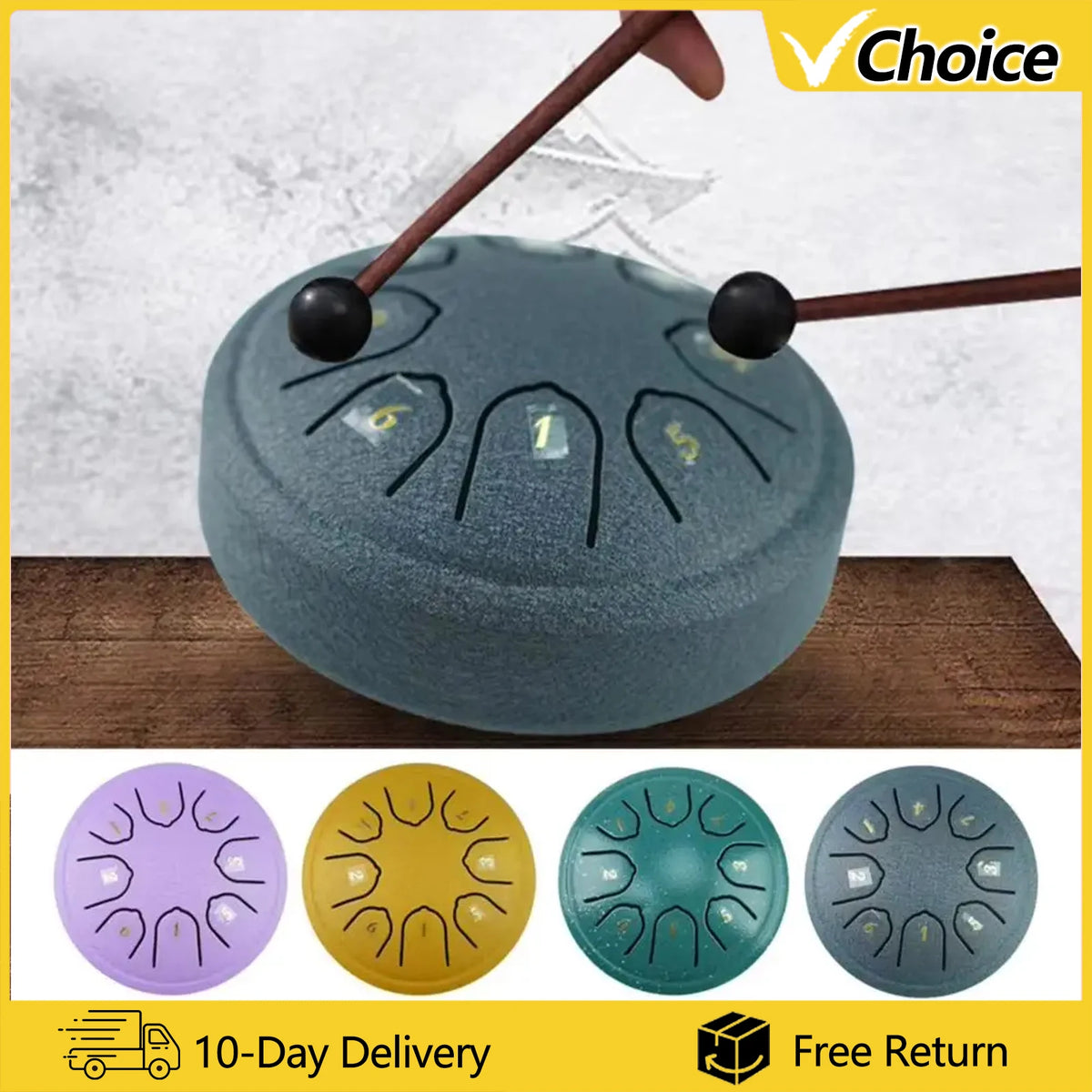 A portable 8-tone steel tongue drum with wooden mallets shown in various colors.