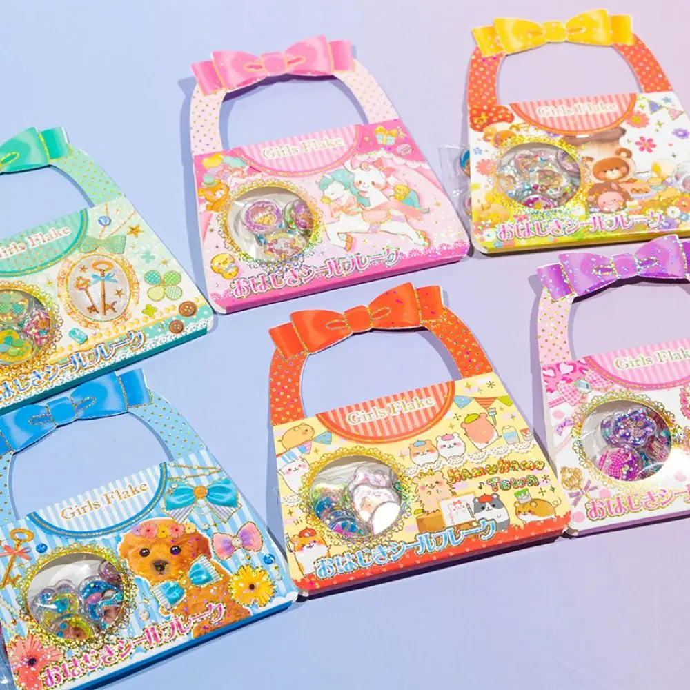 A collection of heart-shaped crystal stickers featuring various characters and designs in pink, yellow, and purple packaging.