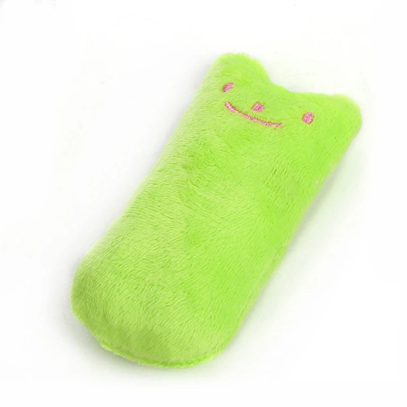 A bright lime green plush toy shaped like a smiling cat for kittens.