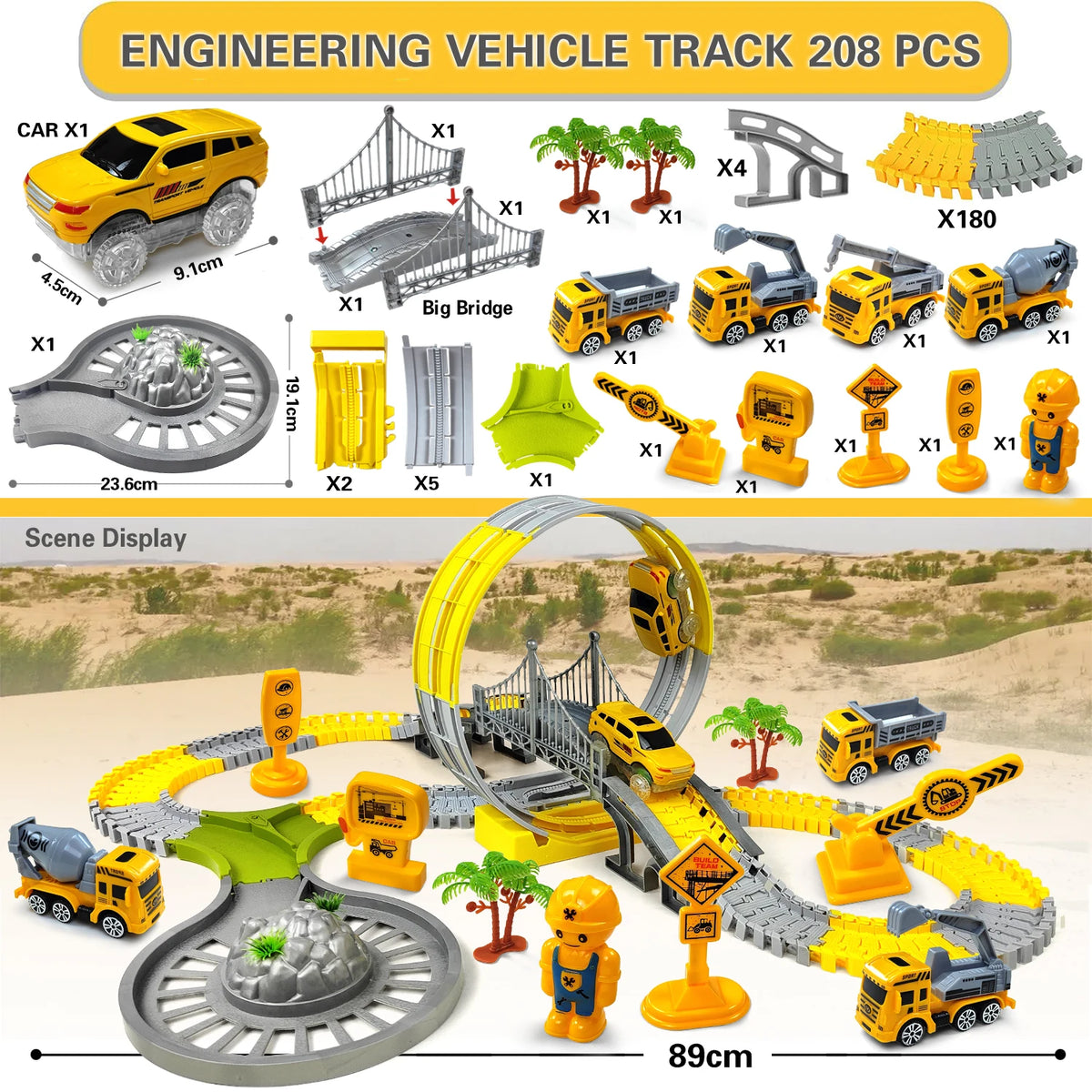 Electric Track Car Toy Set for Kids with Engineering Vehicles