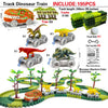 A set of dinosaur train tracks featuring various dinosaurs and a mist-spouting volcano on a green landscape.