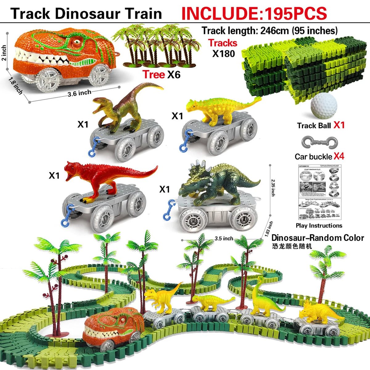 A set of dinosaur train tracks featuring various dinosaurs and a mist-spouting volcano on a green landscape.
