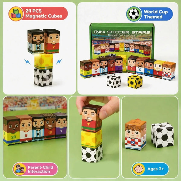 A set of 24 pieces of magnetic cubes shaped like soccer players and numbers for child interaction