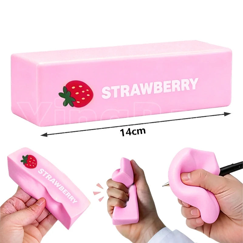 Pink strawberry shaped squishy toy for stress relief shown in various forms and hands