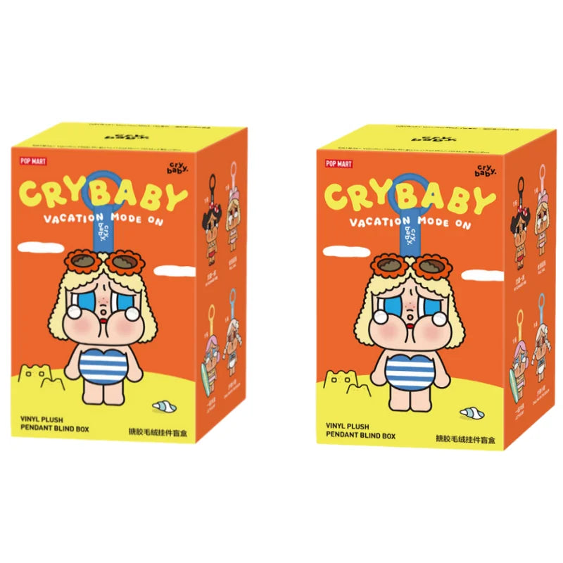 A yellow box for a Crybaby Vacation Mode On vinyl plush pendant blind box featuring a cute character.