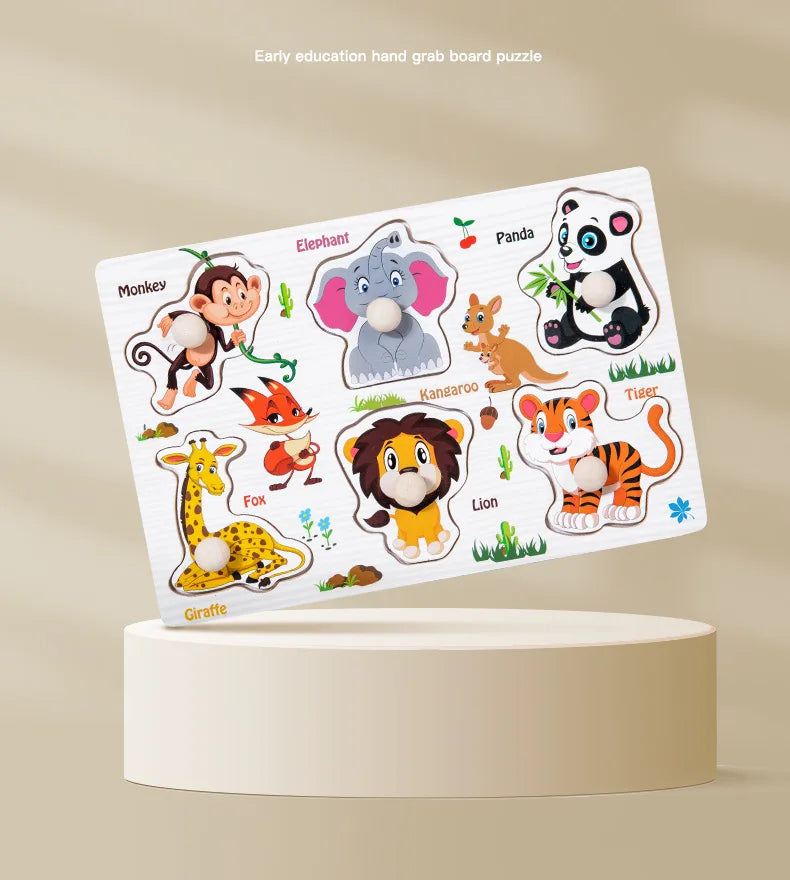 A hand grab board puzzle featuring illustrations of various animals like an elephant, panda, monkey, and tiger.