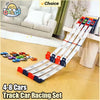A set of 8 track cars and a catapult racing kit with various colored cars on a wooden surface.