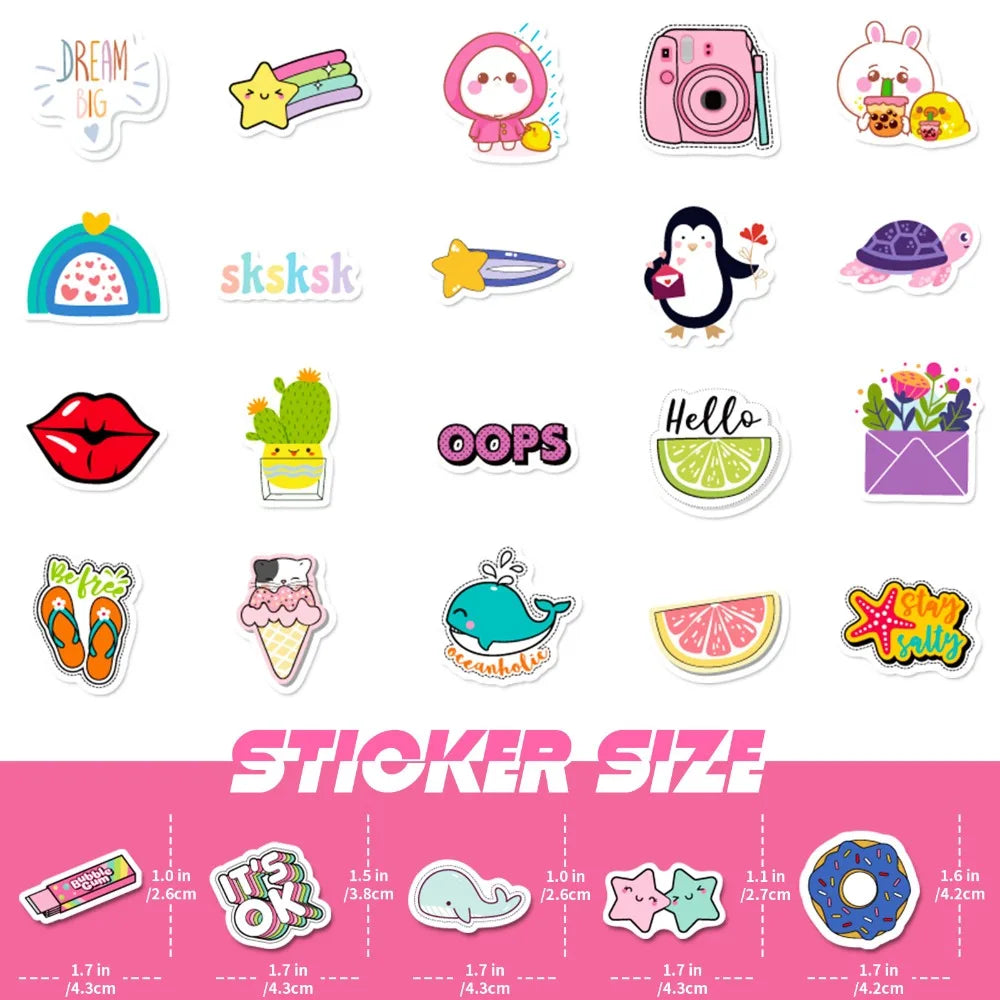 Kawaii Aesthetic Sticker Pack - 100 Unique Designs for Laptops, Water Bottles & More
