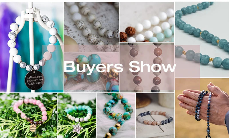 A collection of natural blue cat eye stone beads and finished jewelry pieces for buyers show.