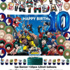 A set of hero-themed birthday party decorations including a backdrop, balloons, and cake toppers.