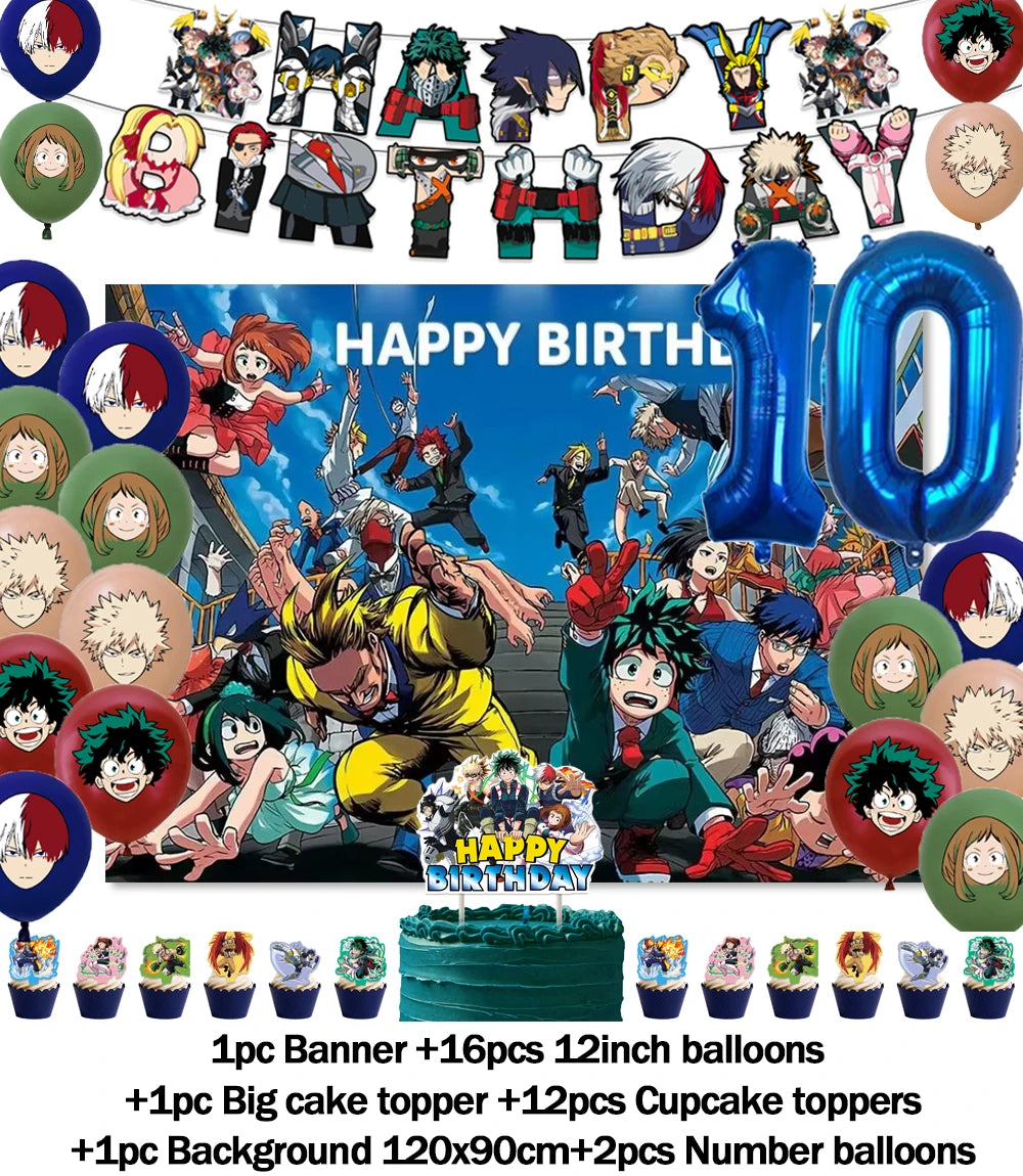 A set of hero-themed birthday party decorations including a backdrop, balloons, and cake toppers.