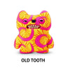 A yellow and pink plush monster toy with a wide, toothy grin.