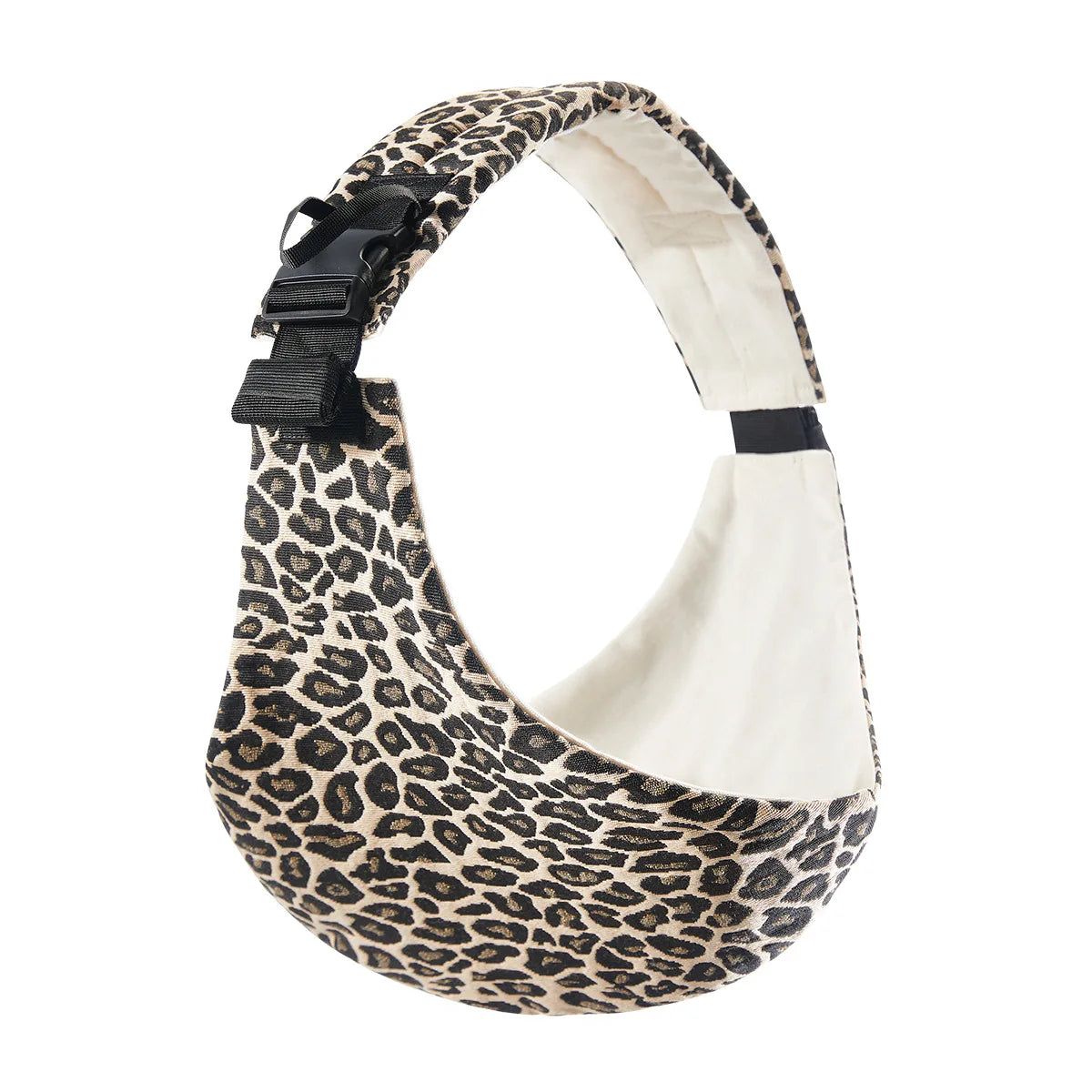 A beige and black leopard print adjustable baby sling carrier with a black strap.