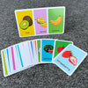 A set of colorful flash cards showing various fruits including kiwi, durian, banana, watermelon, and strawberry.