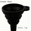 Black trumpet-shaped silicone funnel with a handle, measuring 0.9cm and weighing 12g.