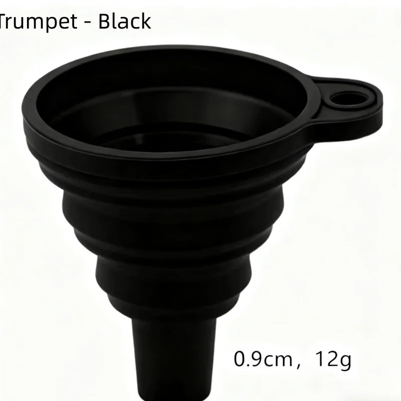 Black trumpet-shaped silicone funnel with a handle, measuring 0.9cm and weighing 12g.