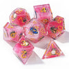 A set of seven pink floral butterfly resin polyhedral dice for tabletop role-playing games