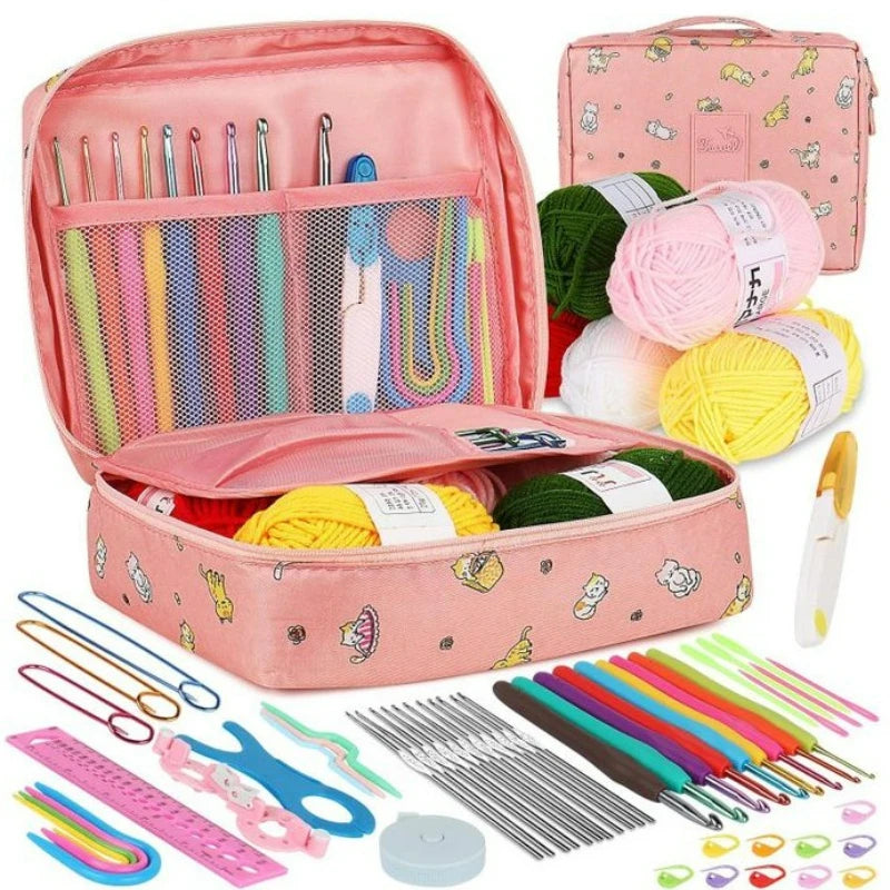 A pink organizer case containing a 59-piece beginner crochet kit with various colored needles and yarn.