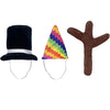 A set of three plush toys including a black hat, a multicolored cone, and a brown tree shape.