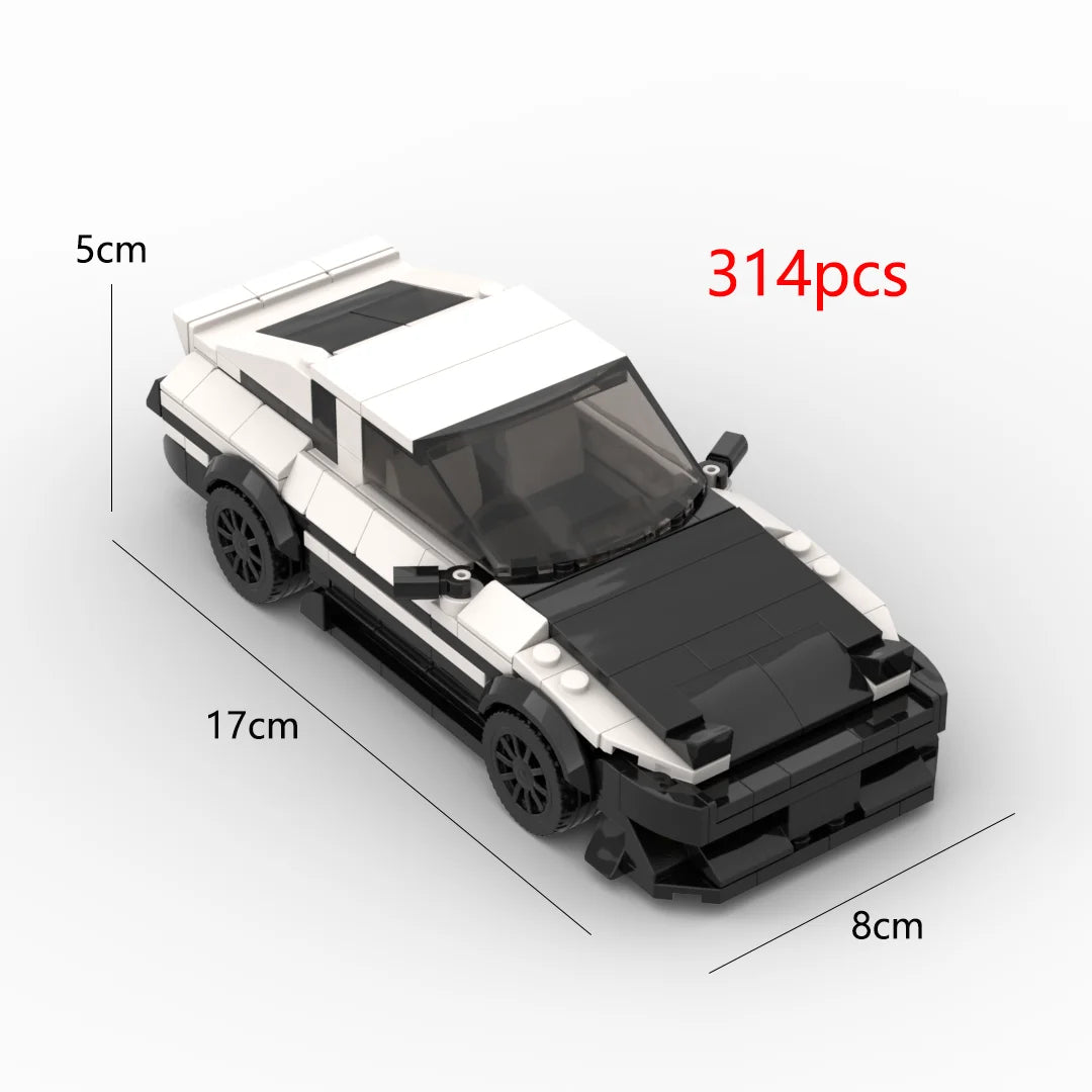 A black and white classic supercar model built from 314 plastic pieces.