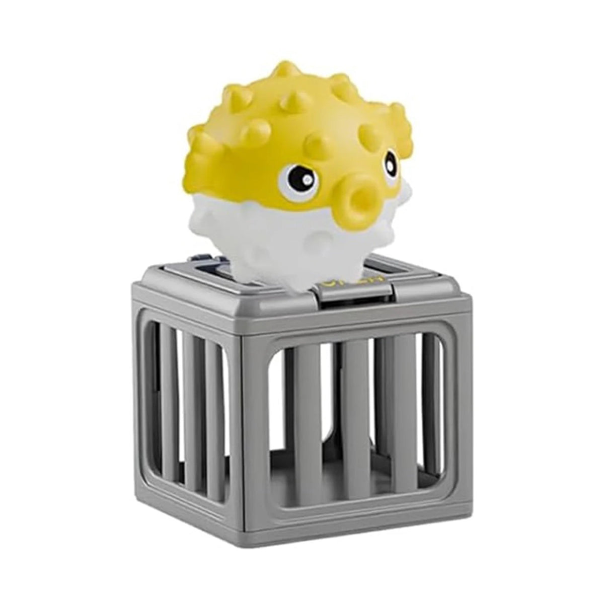 A yellow and white sea lion toy for toddlers is placed inside a gray plastic container.