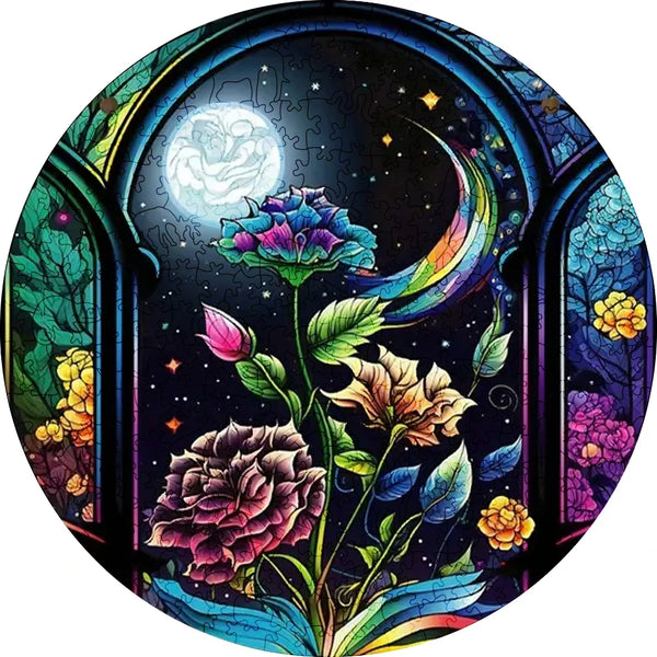 A detailed illustration of a purple and blue flower against a dark, starry background in an oval frame.