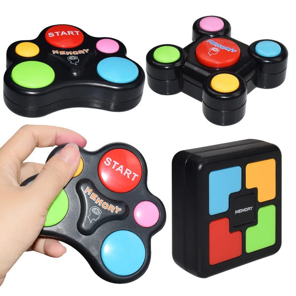 A set of light-up memory game blocks and a handheld memory game for kids