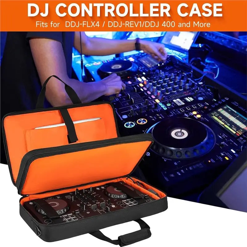 Orange padded case for a DJ controller, showing the interior components and an external view of the product.